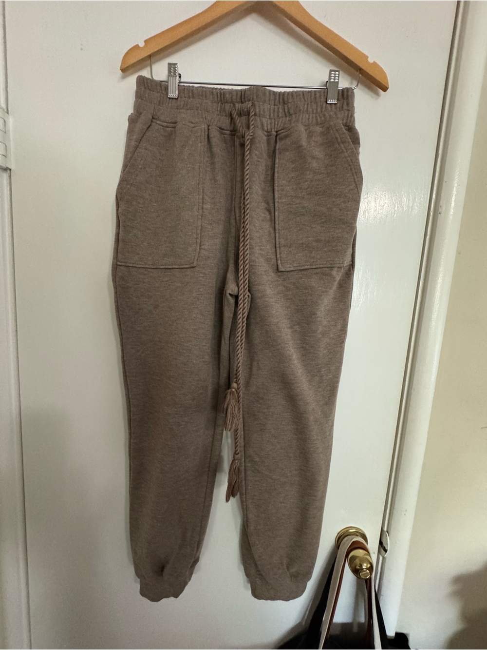 Moon River Ribbed Knit Drawstring Pants in Taupe
